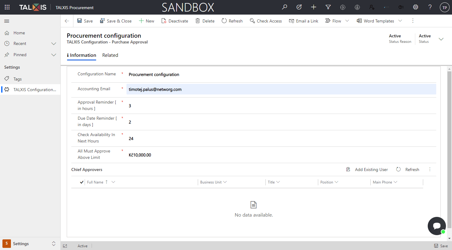 Filled in procurement configuration form