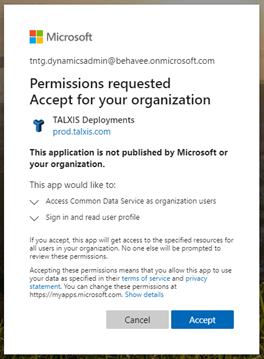 Dialog se žádostí o oprávnění pro aplikaci 'TALXIS Deployments