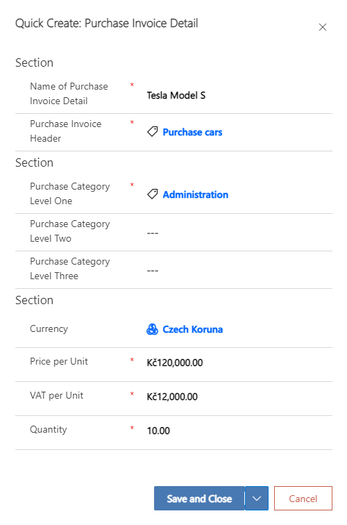 Filled purchase invoice details form