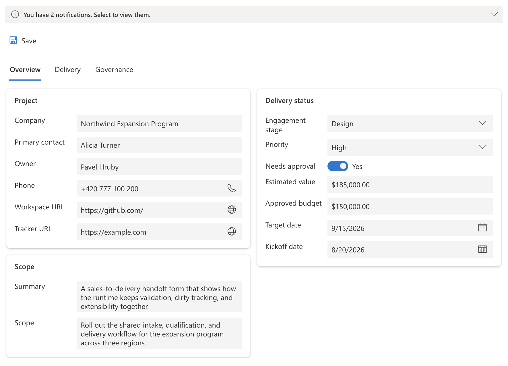 Form control rendering a sales-to-delivery handoff record with tabbed sections
