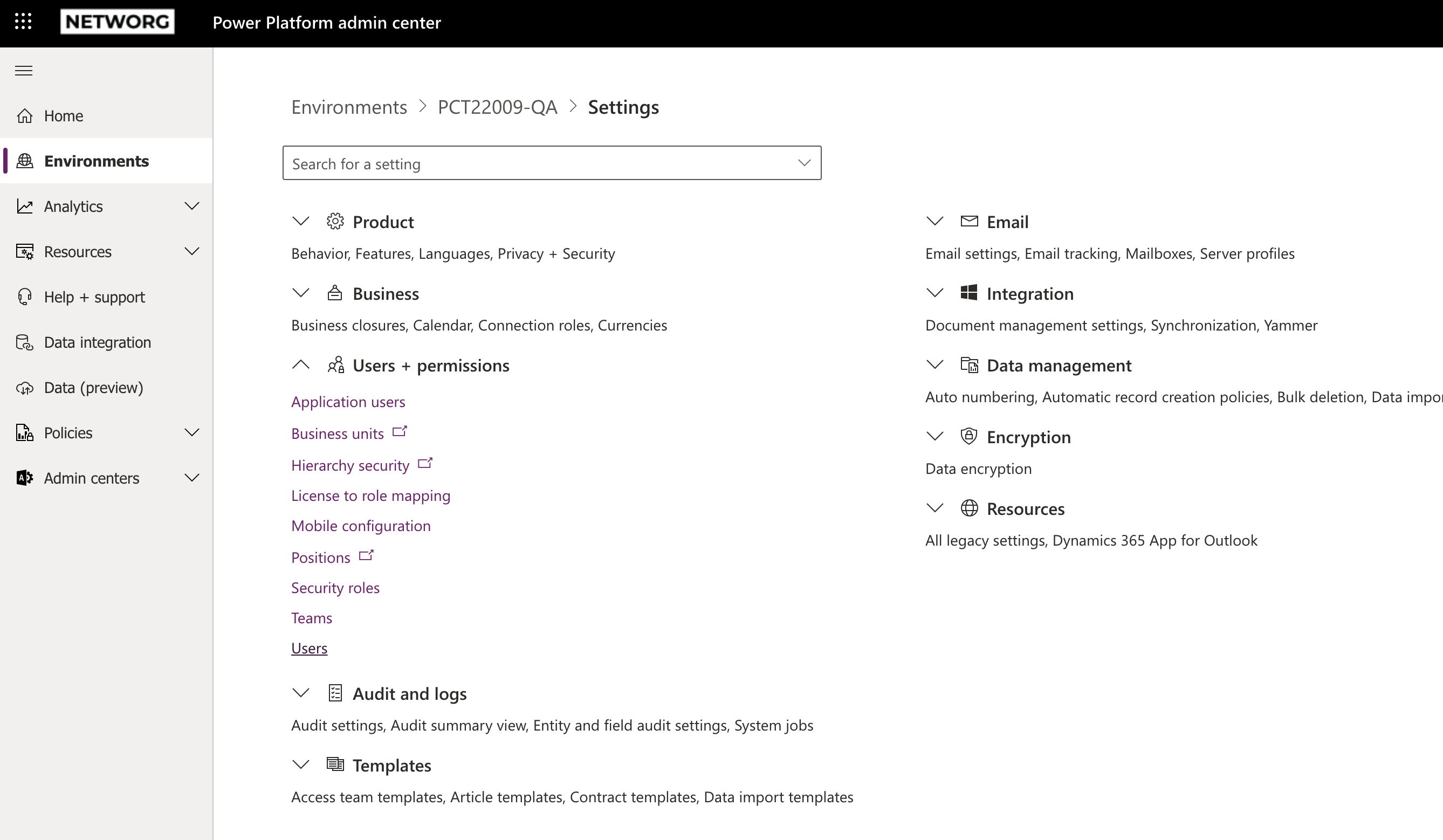 Environment settings - Users