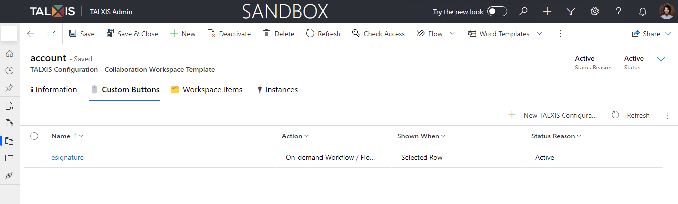 Custom Buttons tab on the Collaboration Workspace Template form