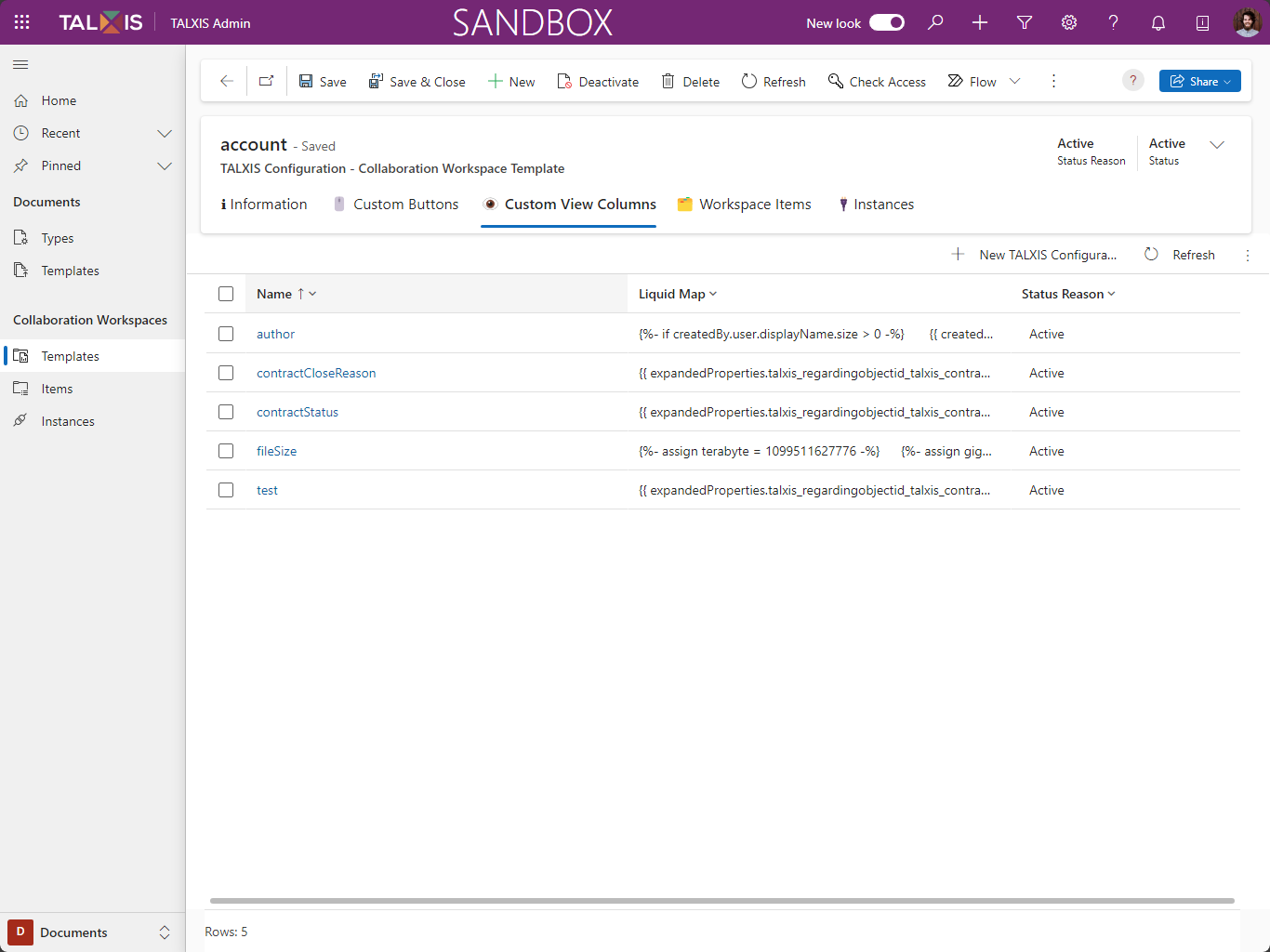 Custom View Columns tab on the Collaboration Workspace Template form